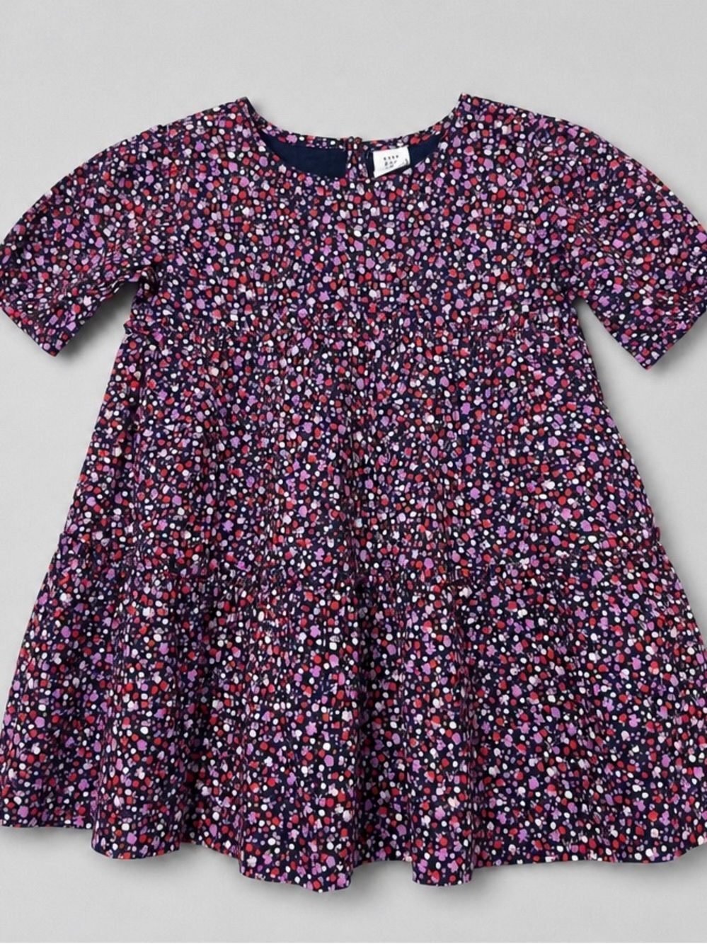 Baby GAP navy and purple floral print tiered ruffle puff sleeve cotton dress NWT